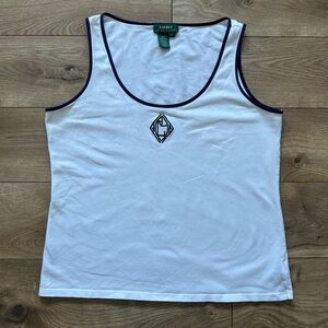 Lauren Ralph Lauren White Ringer Tank | Size L | Vintage Monogram | Old Money